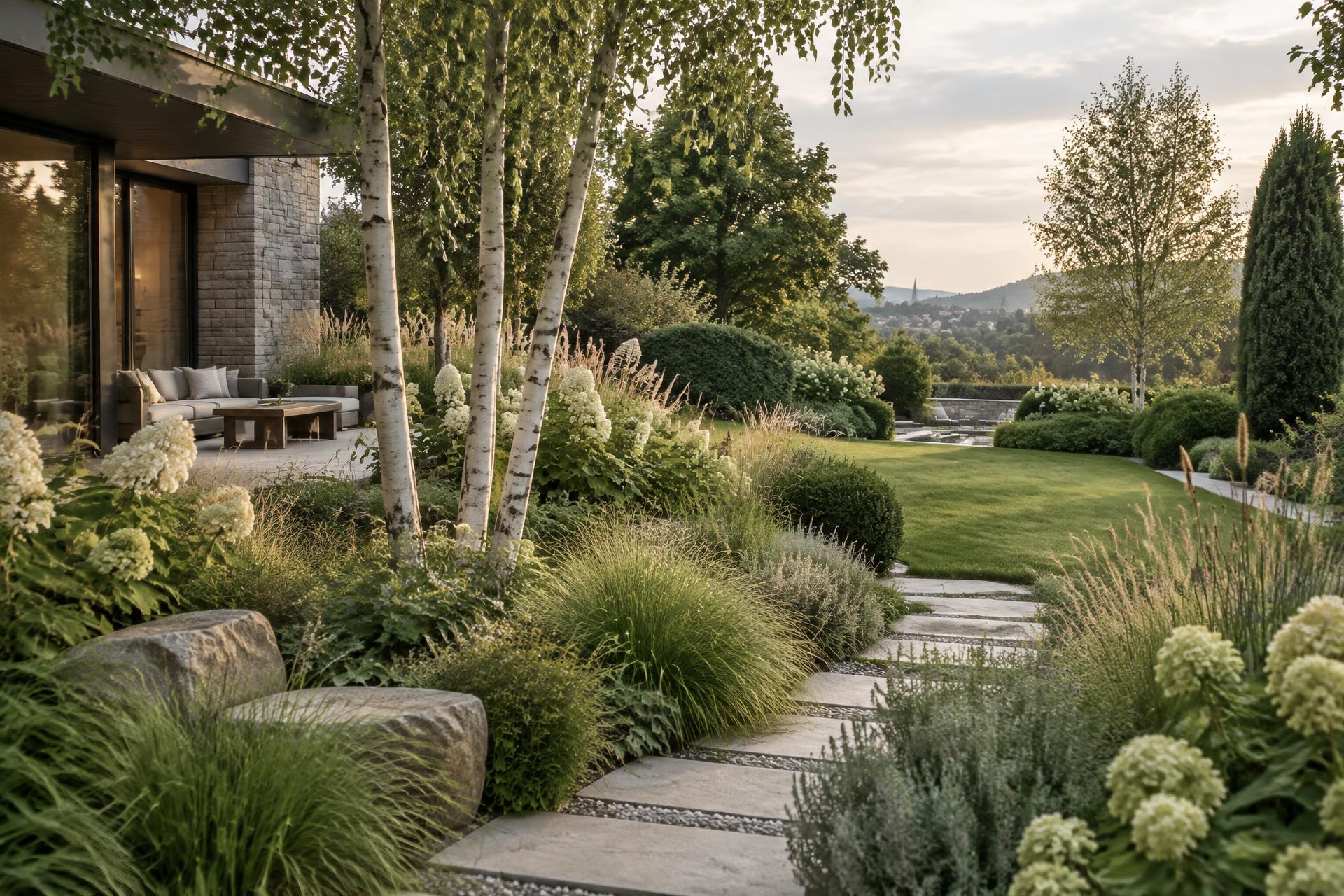 Garten mit Birken, Gräsern und Natursteinweg